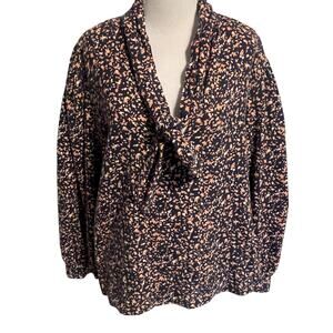 MIRTH Abstract Tie Neck Top Womens Medium Navy Peach Oversized Blouse